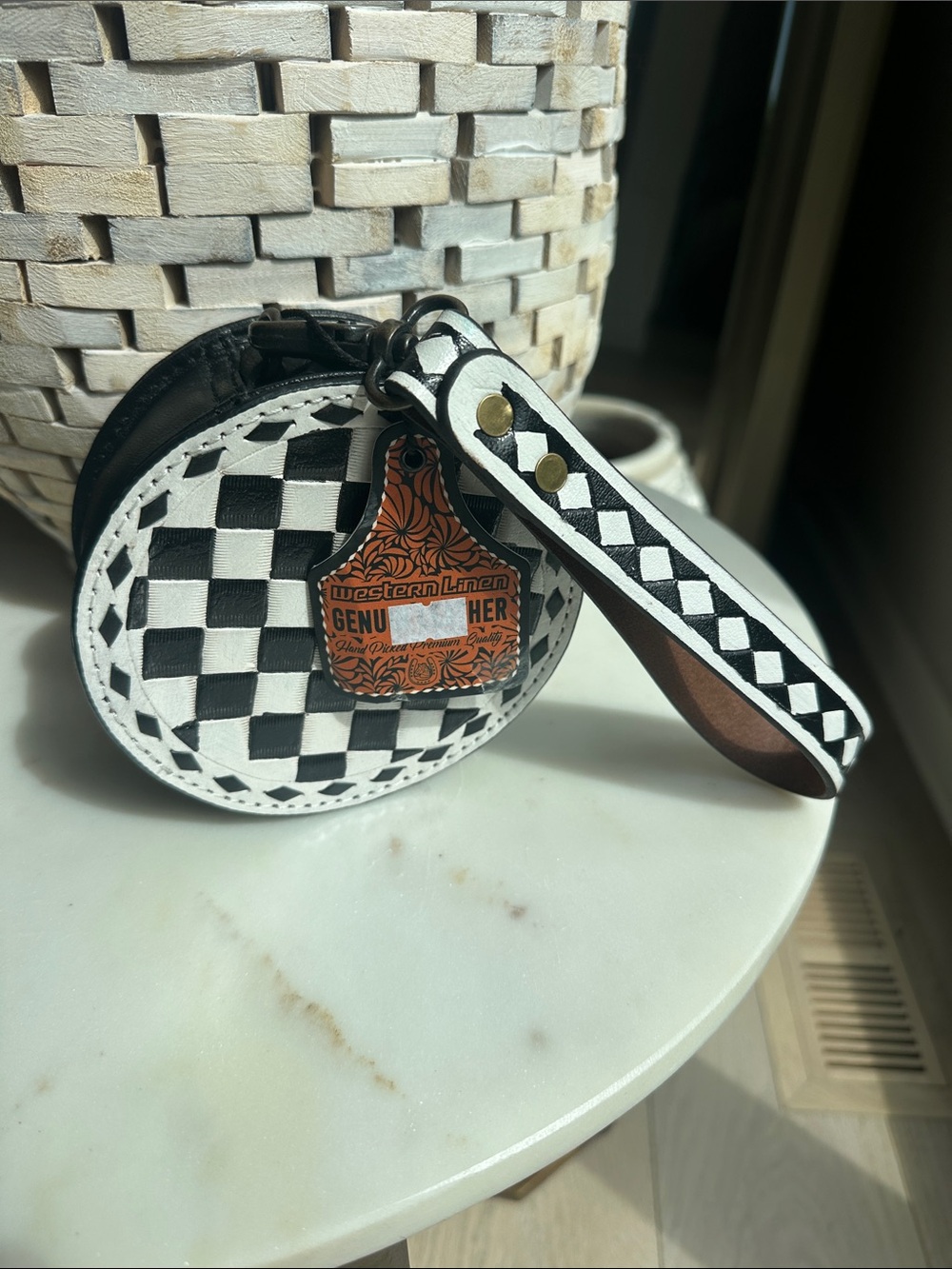 Western Linen Genuine Leather Black & White Checker Wristlet